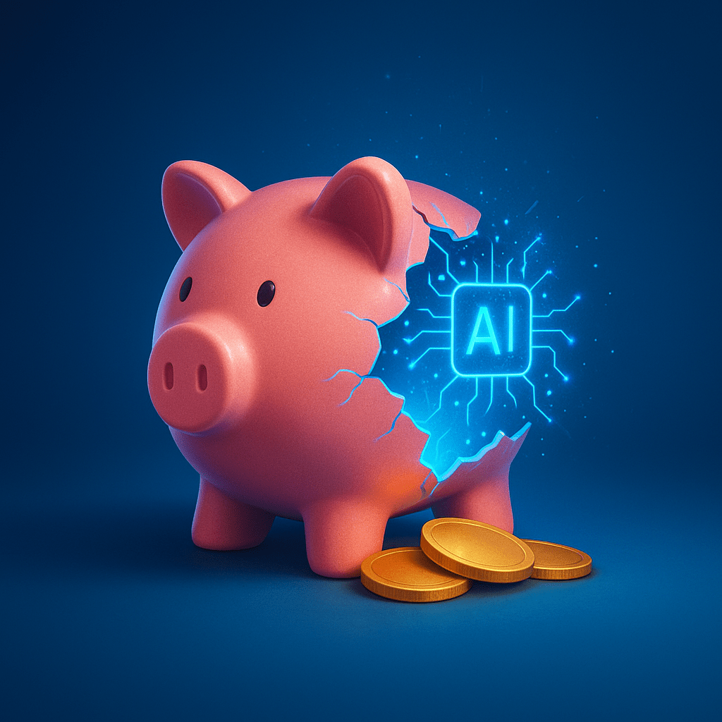 Pink piggy bank cracked open with glowing blue AI circuitry and coins spilling out, symbolising wasted money from adopting the wrong AI in business tools.