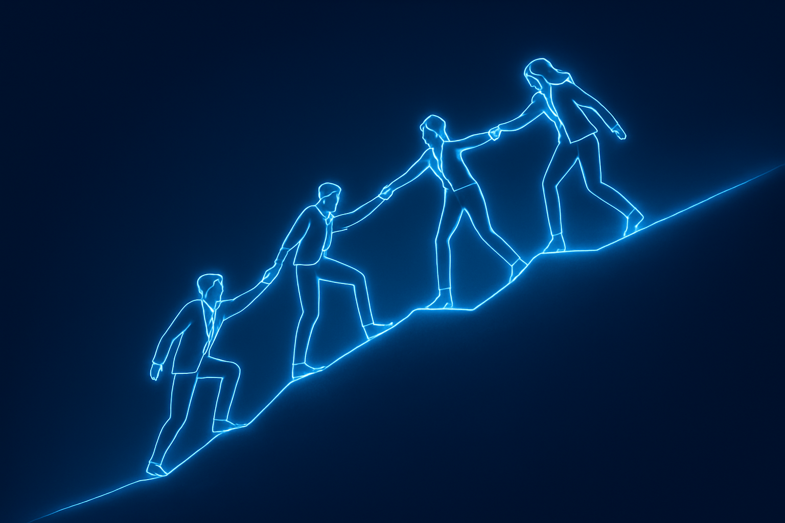 Four professionals outlined in glowing blue line art climb a slope together, each helping the next, symbolising team development in business and the power of collaboration.