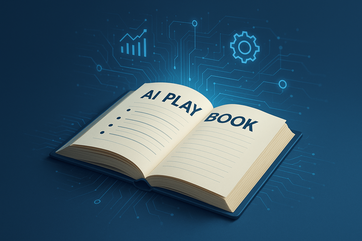 An open book titled “AI Playbook” with glowing digital network lines and AI business icons overlayed, symbolising a structured AI in business strategy.