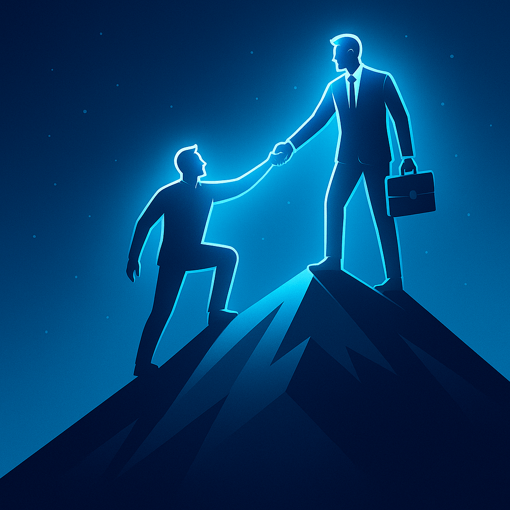 Two business professionals climb a dark mountain under a starry blue sky, one reaching down to support the other, symbolising coaching for scale-ups and leadership support.