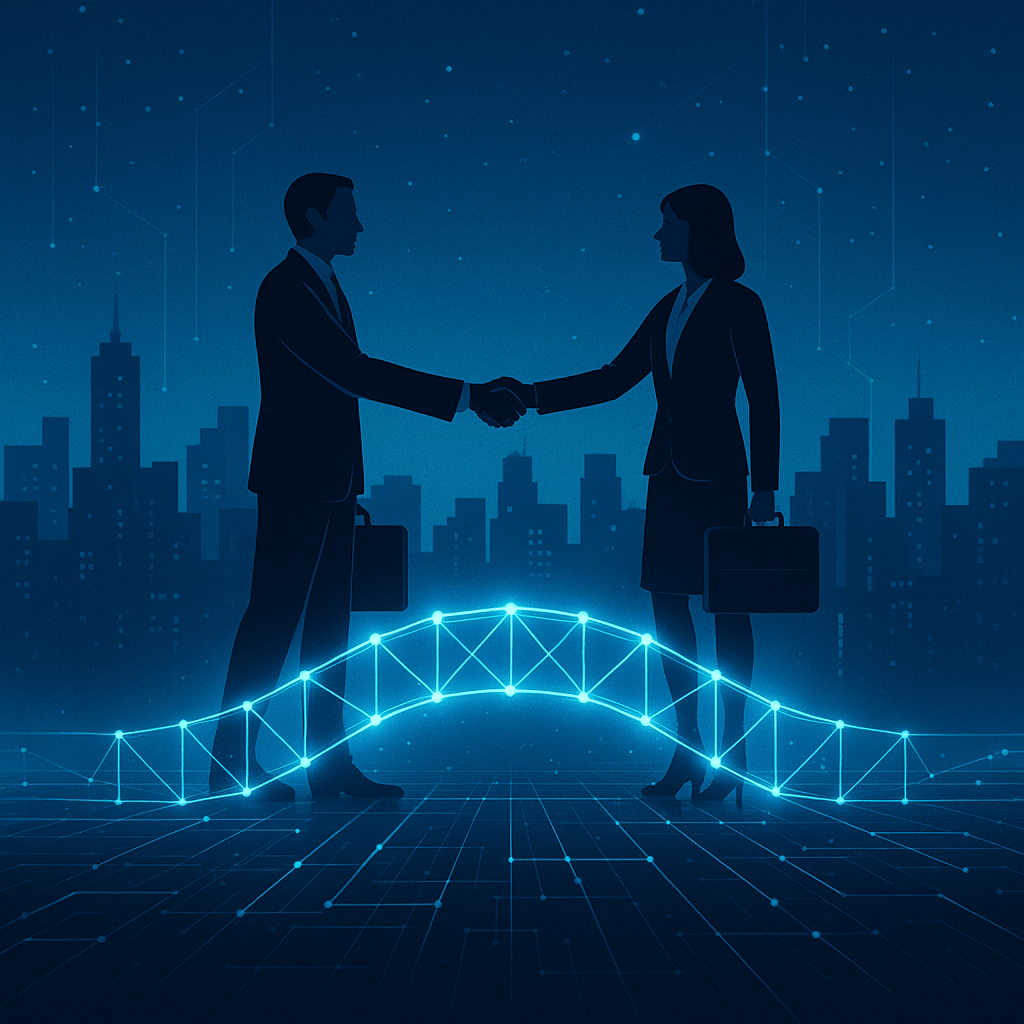 Two business professionals shaking hands on a glowing digital bridge against a city skyline, symbolising consulting in business as partnership and turning advice into action.