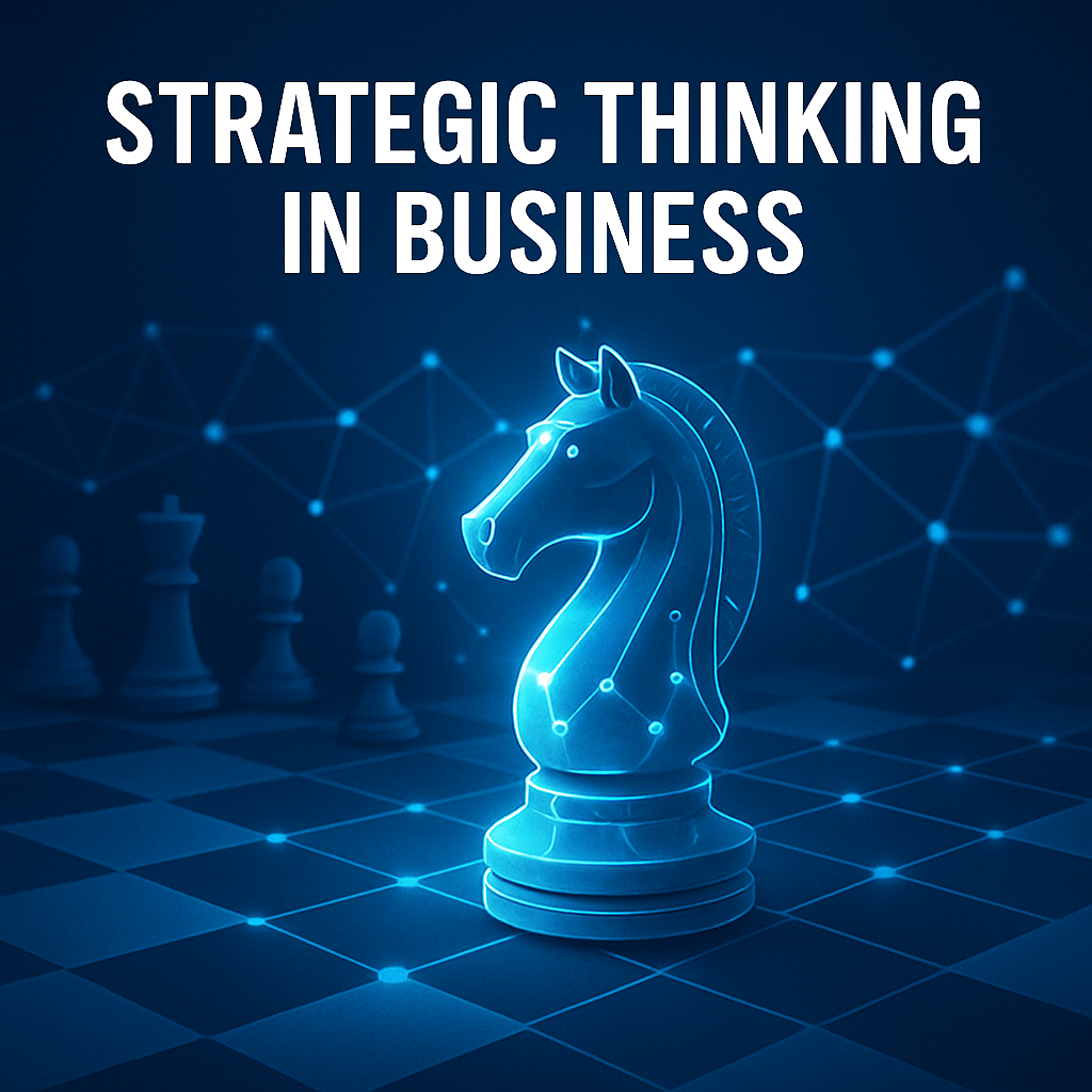 A glowing knight chess piece on a chessboard with digital network lines in the background, symbolising strategic thinking in business and long-term decision making.