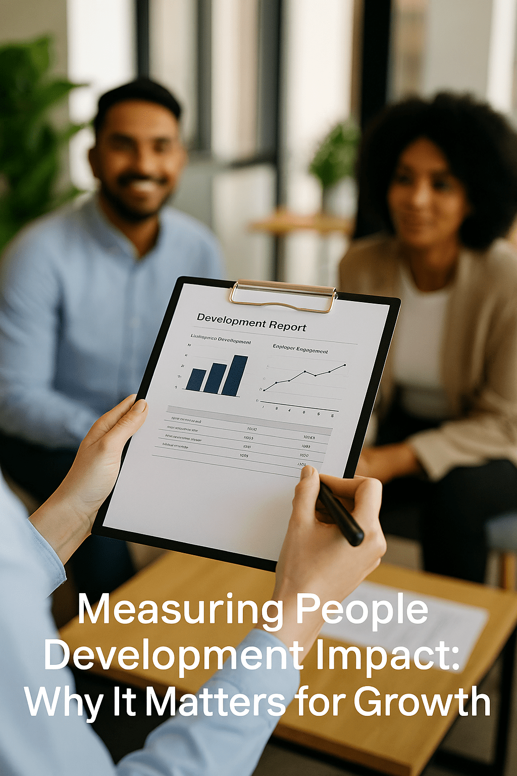A professional team reviews a development report together in a bright modern office, with charts showing engagement and performance metrics, symbolising the link between people growth and business results.