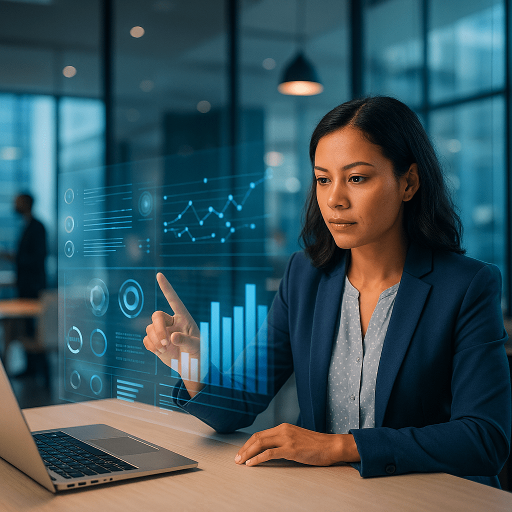A focused female business leader sits in a modern office interacting with a glowing holographic data display, symbolising the balance between human insight and AI technology.
