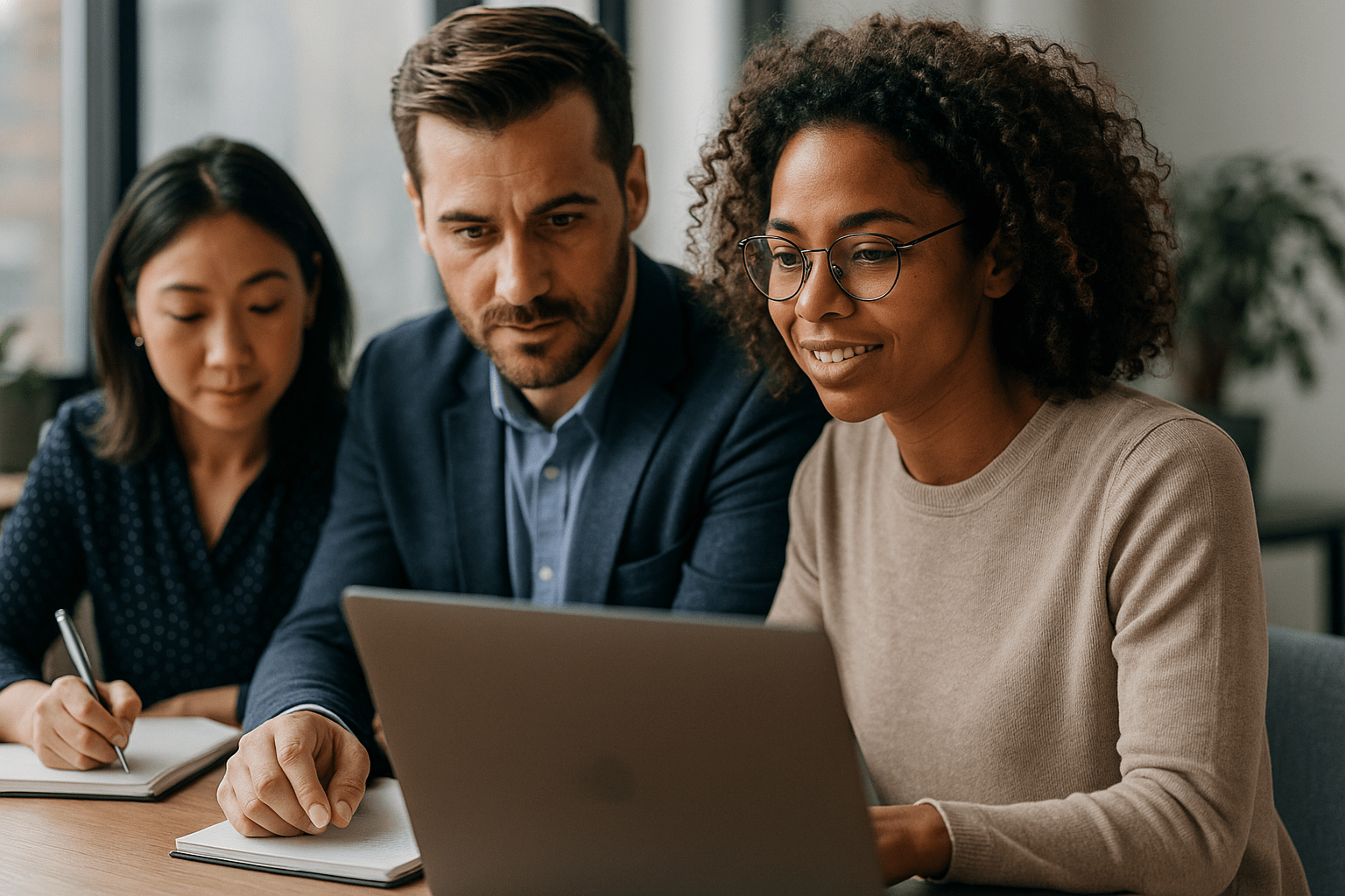 A diverse team of professionals collaborate in a bright modern office, gathered around a laptop in discussion, symbolising teamwork, adaptability, and learning in action.