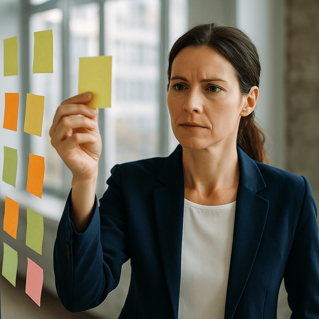 A focused businesswoman reviews sticky notes on a glass wall in a modern office, symbolising calm thinking, clarity and structured decision-making under pressure.