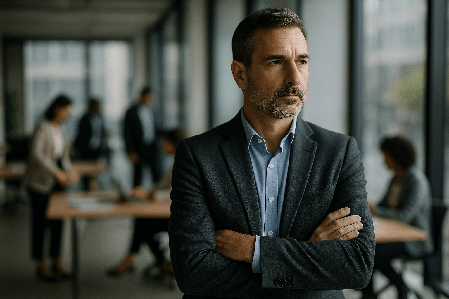 A focused leader stands in a bright, modern office while the background remains softly blurred, symbolising clarity, focus, and calm direction in a busy work environment.