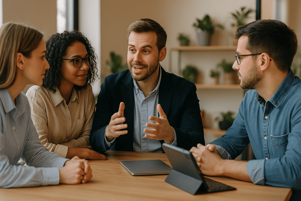 A group of professionals engaged in collaborative problem-solving, highlighting the human skills that drive effective leadership and growth.